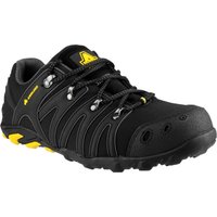 Black Amblers Safety trainer with yellow accents, soft shell design, lace-up front, and rugged sole, size 12.