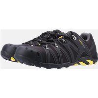 Black Amblers Safety trainer with yellow accents, lace-up front, and rugged sole, size 8.