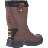 Brown Amblers Safety antistatic rigger boot, pull-on style, size 9, with black sole and yellow logo tag.