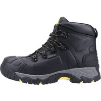 Black Amblers Safety FS32 waterproof boot, size 9, with rugged sole, reinforced toe, and yellow accents.