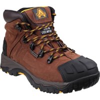 Brown Amblers Safety boot, size 7, with black reinforced toe, yellow accents, and sturdy treaded sole.