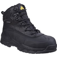 Black Amblers Safety boot, waterproof, non-metal, hybrid design, lace-up, with reinforced toe and rugged sole, size 11.