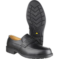 Black Amblers Safety shoe, slip-on design, with rugged treaded sole and reinforced toe, size 10.