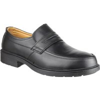Black leather Amblers Safety shoe, slip-on style with reinforced toe, cushioned interior, and rugged sole, size 11.