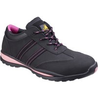 Black Amblers Safety trainer, pink accents, lace-up, padded collar, slip-resistant sole, size 5.