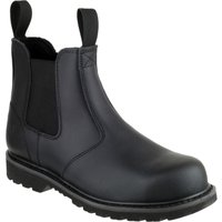Black leather pull-on safety dealer boot with elastic side panels and rugged sole, size 10, by Amblers Safety.