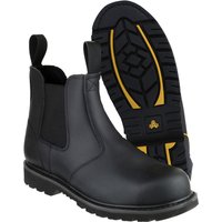 Black leather pull-on safety dealer boot with elastic sides, rugged sole, and reinforced toe, size 6.
