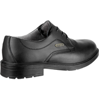 Black leather Amblers safety shoe, lace-up design, padded collar, slip-resistant sole, metal eyelets, size 12.
