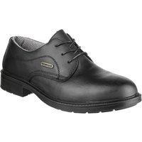Black leather Gibson safety shoe with lace-up design, padded collar, and slip-resistant sole.