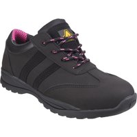 Black Amblers safety trainer with pink lining, striped sides, and pink-accented laces, size 8.