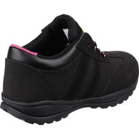 Black Amblers Safety trainer with pink accents, padded collar, and slip-resistant sole, size 9.