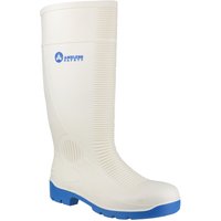 White Amblers Safety Wellington boot with blue sole and steel toe, size 9, ribbed texture, Footsure logo on shaft.