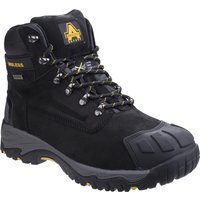 Black Amblers Safety boot, size 10, with reinforced toe, padded collar, and yellow logo on the side.