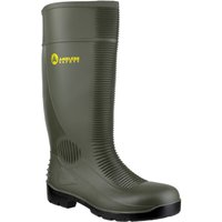Green Amblers Safety FS99 Wellington boot with ribbed texture and yellow logo, featuring a black sole.