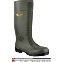 Green Amblers Safety Wellington boot, size 12, with textured grip sole and yellow logo on the side.