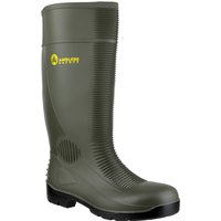 Green Amblers Safety Wellington boot, size 7, with reinforced toe and textured sole, yellow logo on the side.