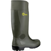Green Amblers Safety Wellington boot, size 9, with reinforced toe and textured sole, featuring yellow logo.