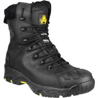 Black Amblers Safety boot, hi-leg, composite toe, side zip, lace-up front, yellow accents, rugged sole, size 12.