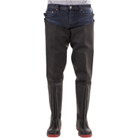 Black Amblers Safety Rhone thigh wader boots with red soles, denim upper, and adjustable straps, size 10.5.