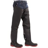 Black Amblers Safety thigh wader boots with red soles, knee-high design, worn over blue jeans.