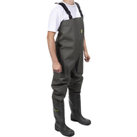 Dark green chest wader with black boots, adjustable shoulder straps, and yellow logo on chest.