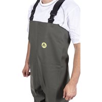 Green Amblers Safety Tyne chest wader with black adjustable straps and yellow logo, worn over a white shirt.