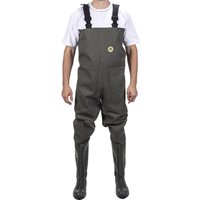 Green chest wader with adjustable black straps, knee-high boots, and safety logo on chest, size 9.