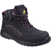 Black Amblers Safety women's boot with pink accents, composite toe, side zip, and padded collar.