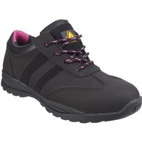 Black Amblers Safety FS706 Sophie trainer with pink lining, pink-striped laces, and reinforced toe.
