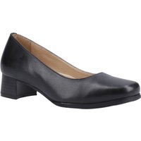 Black leather wide fit court shoe, low block heel, rounded toe, size 7.
