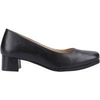 Black leather wide fit court shoe with low block heel and rounded toe.