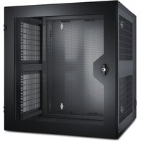 Black APC NetShelter 13U wallmount rack cabinet with vented door and double hinged design.