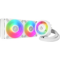 White ARCTIC Liquid Freezer III 240 A-RGB CPU cooler with dual rainbow-lit fans and flexible tubing.