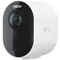 White Arlo Ultra 2 security camera with black front, wide lens, and LED light.