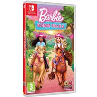 Nintendo Switch game "Barbie Horse Trails" with two girls riding horses on a colorful trail, pink and green packaging.