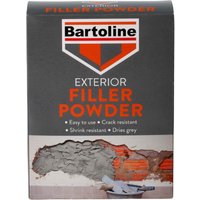 Bartoline Exterior Filler Powder 1.5Kg in a gray box with red text and an image of a filled wall section.