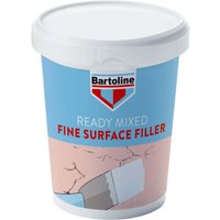 Bartoline Fine Surface Filler 600g tub with blue label, red text, and illustration of a trowel smoothing filler.