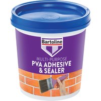 Bartoline PVA Adhesive & Sealer 500ml, purple label, blue lid, brick wall graphic with brush illustration.