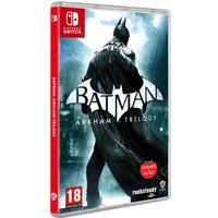 Nintendo Switch game case for "Batman: Arkham Trilogy" featuring Batman silhouette on a rainy city backdrop.