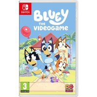 Nintendo Switch game "Bluey: The Videogame" cover featuring cartoon dogs in a yard with a house and balloon.