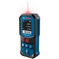 Blue and black Bosch GLM 40-31 laser measure with digital display and red laser beam.