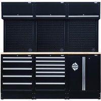 Black Bunker 14-piece modular storage combo with hardwood worktop, pegboard back, drawers, and cabinet with logo.