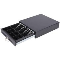 Black Capture CA-CD350-480B cash drawer with open tray, featuring multiple coin and bill slots, and a key lock.