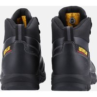 Black Caterpillar safety boots with yellow logo, high ankle support, and reinforced stitching, size 10.