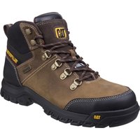Brown Caterpillar safety boot with black sole, metal eyelets, padded collar, and yellow logo on tongue and heel.