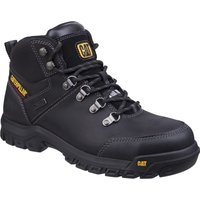 Black Caterpillar safety boot with metal eyelets, yellow logo, padded collar, and rugged sole, size 9.