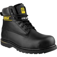 Black Caterpillar Holton safety boot, size 10, with steel toe, yellow logo, padded collar, and rugged sole.