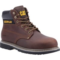 Brown Caterpillar men's safety boot with yellow logo, black padded collar, and rugged sole.