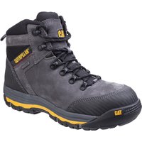 Gray Caterpillar Munising safety boot, size 12, with black laces, yellow accents, and reinforced toe.