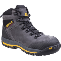 Gray Caterpillar Munising safety boot, black laces, yellow accents, reinforced toe, ankle-high design, size 9.